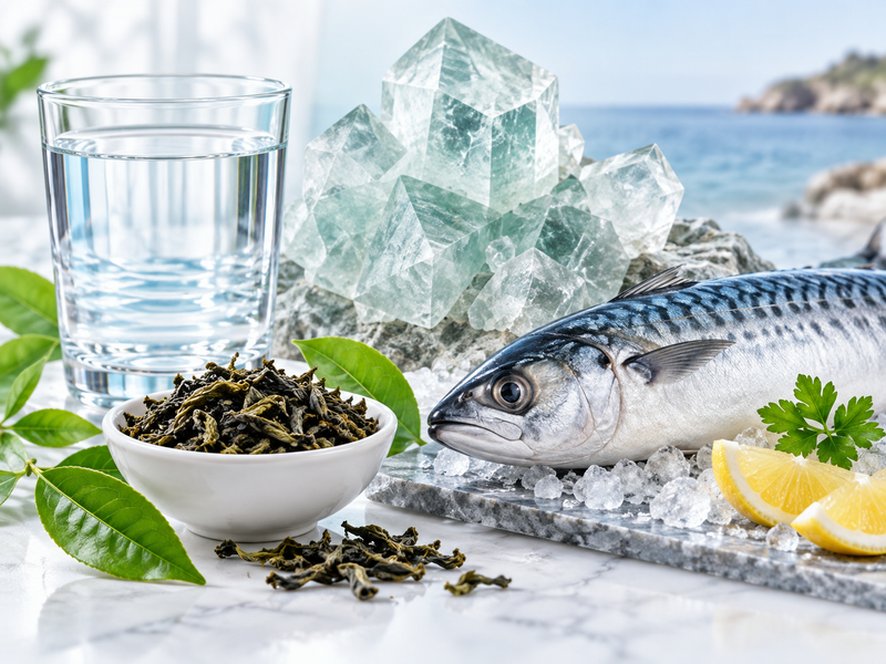 Стакан воды, чайные листья, морская рыба и прозрачный минеральный кристалл как образ фторида