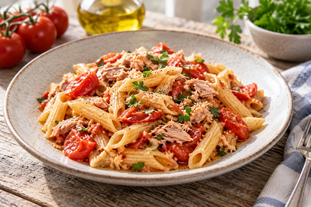 Тарелка макарон с кусочками тунца, томатами и зеленью