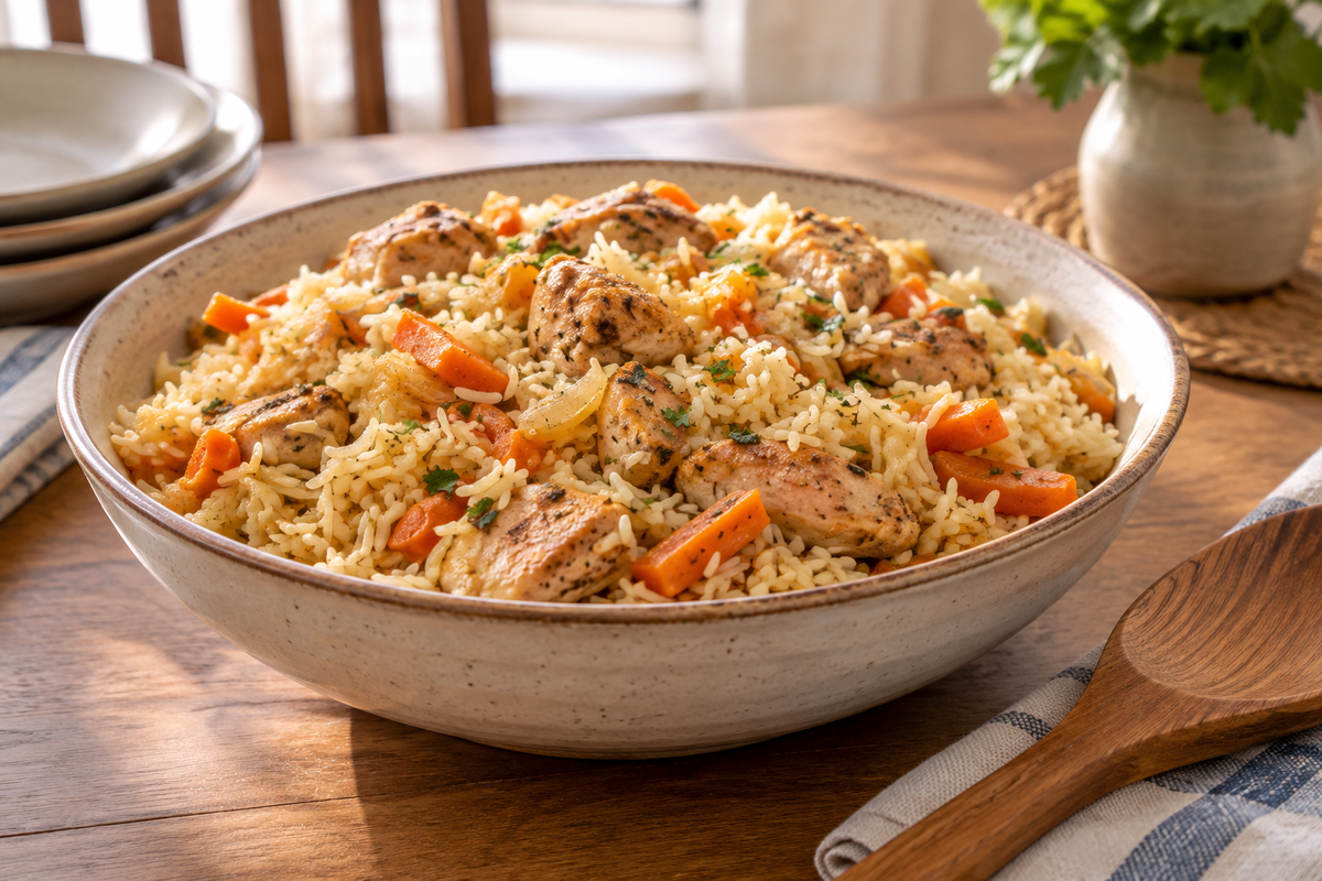 Домашний плов с рассыпчатым рисом, кусочками курицы, морковью и луком в широкой керамической миске