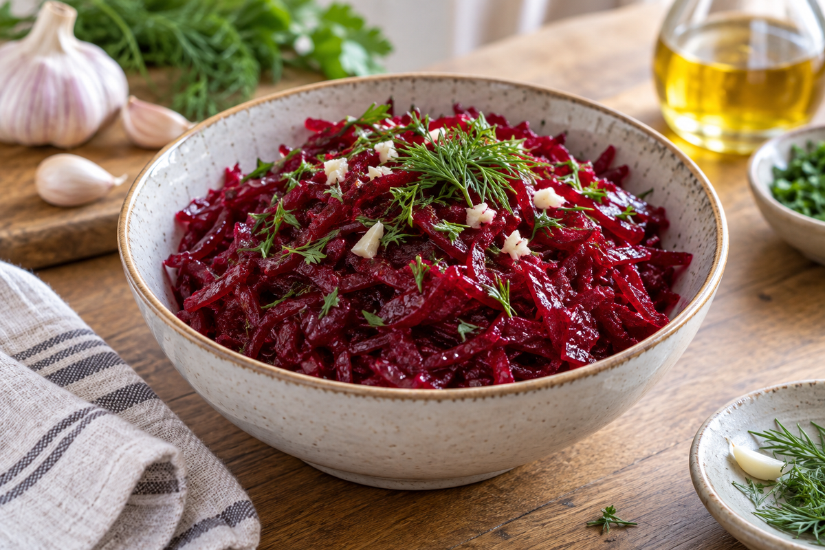 Салат из тёртой свёклы с чесноком и укропом в светлой миске